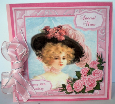 Vintage lady birthday card with decoupage pink roses, choice of recipients and ages by Pamela Horton