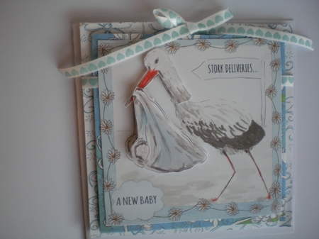 STORK & DAISIES BLUE BABY BOY CARD Topper with Extra Decoupage by Pamela Horton