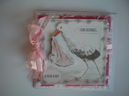 STORK & DAISIES PINK BABY GIRL CARD Topper with Extra Decoupage by Pamela Horton