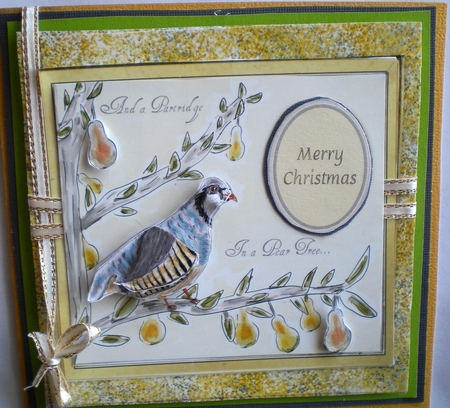 PARTRIDGE IN A PEAR TREE CHRISTMAS CARD TOPPER,  7x7 with Extra Decoupage & 3 sentiment tags by Pamela Horton