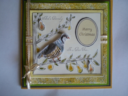 PARTRIDGE IN A PEAR TREE CHRISTMAS CARD TOPPER,  7x7 with Extra Decoupage & 3 sentiment tags by Pamela Horton