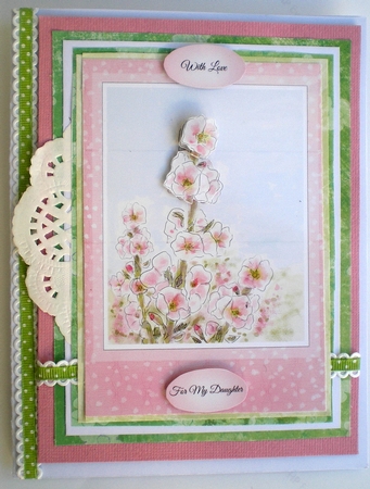 PINK HOLLYHOCKS: A5 Birthday Floral Card Topper With 8 Sentiment Tags, Decoupage & Commercial Use by Pamela Horton