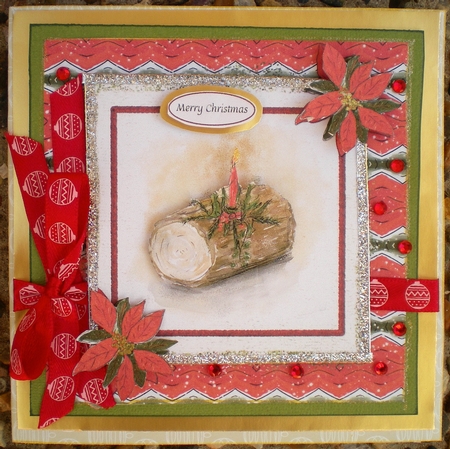 YULE LOG & POINSETTIAS - Christmas Decoupage 7x7 Step by Step Card Front With Commercial Use by Pamela Horton