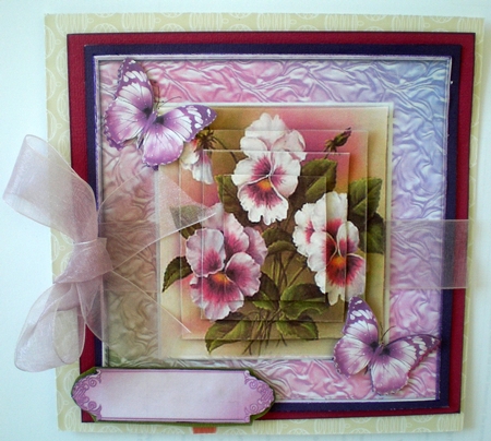 pretty lilac pansies with butterflies in ornate frame pyramids by Pamela Horton