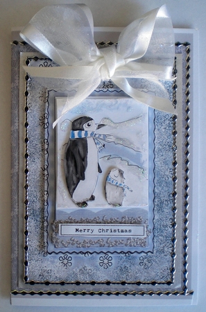 CUTE PENGUIN CHRISTMAS TOPPER-6 by 4 inch with Decoupage, 7 Sentiment Tags and Commercial Use by Pamela Horton