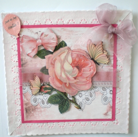 Big pink rose with butterflies, bow & lace 8x8 by Pamela Horton