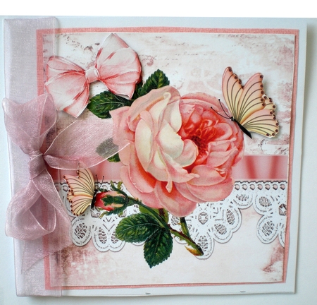 Big pink rose with butterflies, bow & lace 8x8 by Pamela Horton