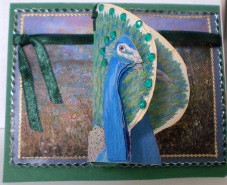 PEACOCK-SHAPED CARD with Decoupage For Birthdays and Other Occasions, With Commercial Use by Pamela Horton