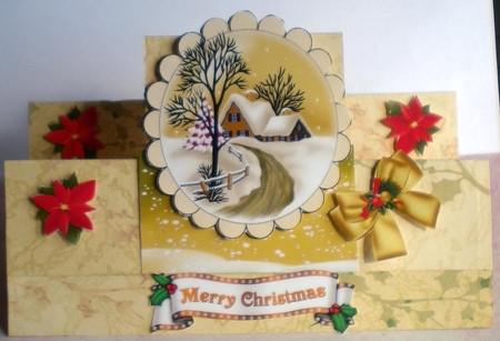 Lovely snow scene with cottage, and gold bow over the edge by Pamela Horton