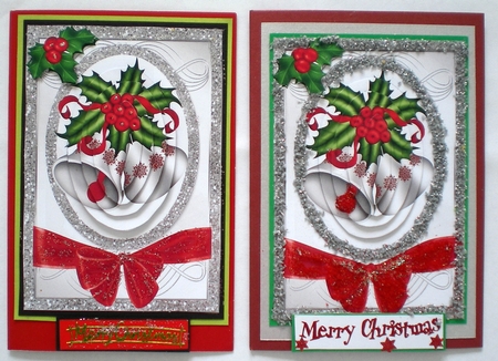 Pretty Christmas bells in silver glitter frame with bow pyramids A5 by Pamela Horton