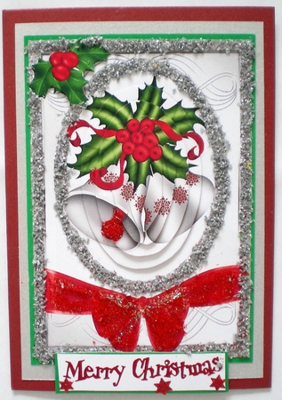 Pretty Christmas bells in silver glitter frame with bow pyramids A5 by Pamela Horton