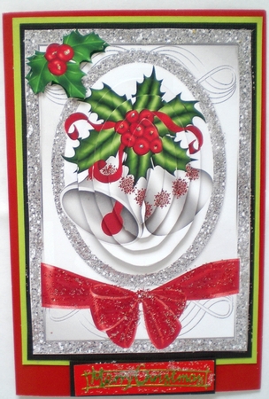 Pretty Christmas bells in silver glitter frame with bow pyramids A5 by Pamela Horton