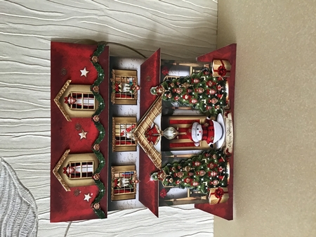 Christmas House with Snowman and Trees Card by Pat Horsford