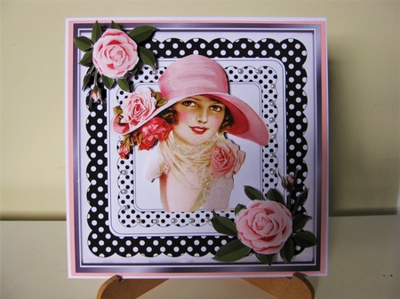 Pretty vintage lady in hat with pink roses in black polkadot frame 8x8 by Pat Mottram