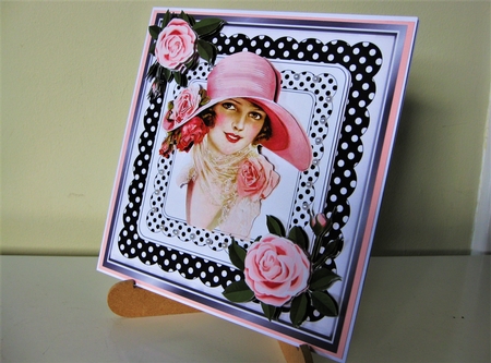 Pretty vintage lady in hat with pink roses in black polkadot frame 8x8 by Pat Mottram