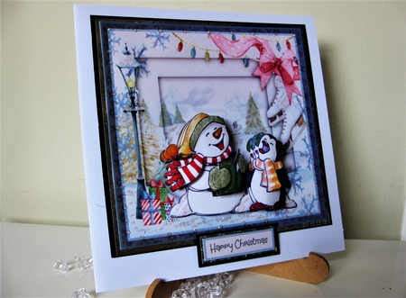 Snowman and penguin carol singers 6x6 by Pat Mottram
