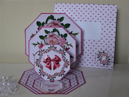 Pink rose octagonal triple easel card with matching envelope by Pat Mottram