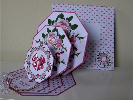 Pink rose octagonal triple easel card with matching envelope by Pat Mottram