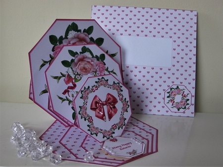 Pink rose octagonal triple easel card with matching envelope by Pat Mottram