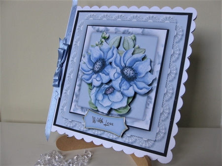 Beautiful Blue Flowers on vintage Lace  by Pat Mottram