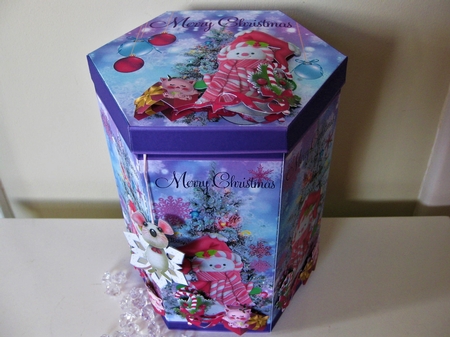 PINK SNOWMAN - TALL HEXAGONAL DECOUPAGE BOX by Pat Mottram