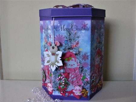 PINK SNOWMAN - TALL HEXAGONAL DECOUPAGE BOX by Pat Mottram