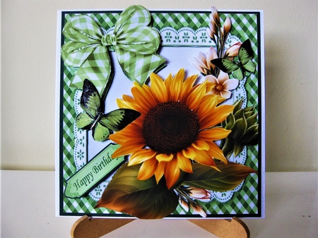 Lovely Sunny Sunflowers with green gingham bow, frame and butterflies 8x8 by Pat Mottram