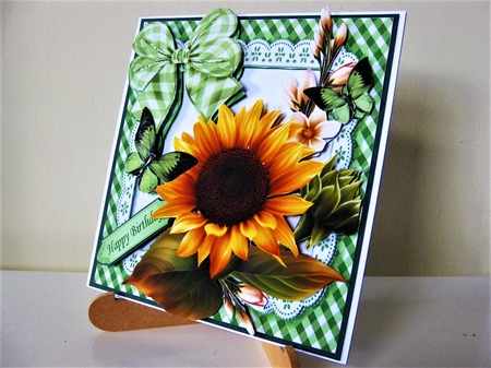 Lovely Sunny Sunflowers with green gingham bow, frame and butterflies 8x8 by Pat Mottram