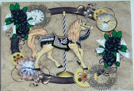 Gold/black Carousel Horse with Black Roses in Steampunk A4 by Patricia Holt
