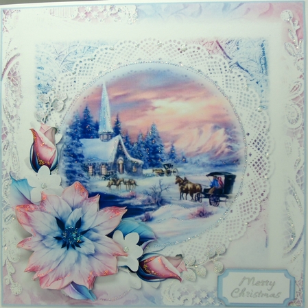 Pink and Blue Church Christmas Scene 7x7 Toppers set of 6 by Patricia Logan