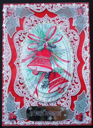 Christmas Red Bells A5 Lace Card Front Step by Step by Patricia Margaret Lewis