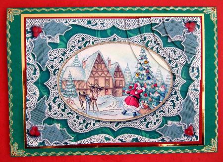 Santa Decorating Tree Lace 7x5inch Duo Corner Stacker by Patricia Margaret Lewis