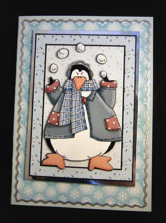 Penguin & Snowballs Card Front by Patricia Platt