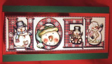 Painted Snowmen Noel Large Dl Card Front with Decoupage by Patricia Platt