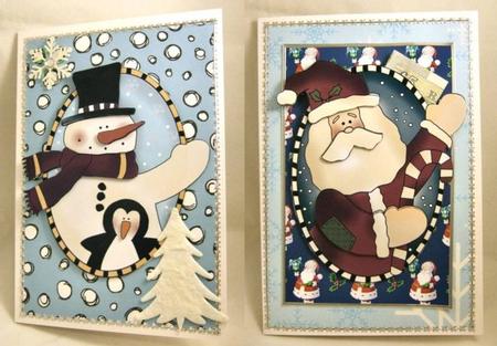 Santa and Snowman Friends - Oval Folded Cards (or Flip Out) by Patricia Platt