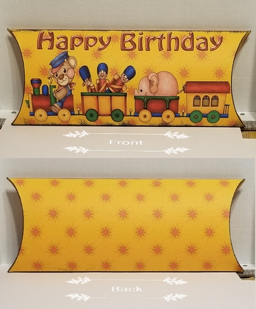 Lovely Teddy and Toy Train in Yellow Pillow Box Dl by Patty Stone