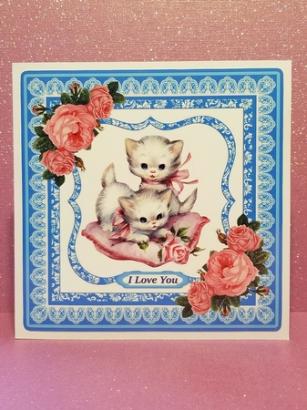 Vintage Kitties with Pink Vintage Roses and Pillow in Blue Frame2 by Patty Stone