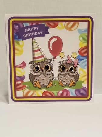 cute pair of owls partying in balloon frame 8x8 by Patty Stone