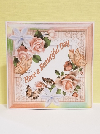 pretty peach roses on lace with butterflies and rainbow frame 8x8 by Patty Stone