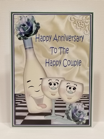 Happy Anniversary to THE HAPPY COUPLE with blue roses & toony champagne by Patty Stone