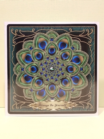 Peacock Tail Mandala Square Card Front by Patty Stone