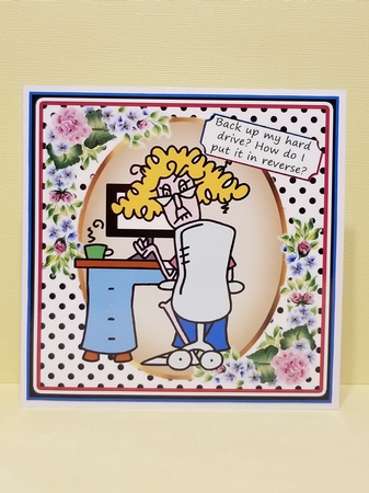 Stella in blue  in a kerfuffle with her computer 8x8 by Patty Stone