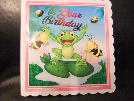 Cute Frog on a lily pad with cheeky bumble bees 8x8 by Paula Savage