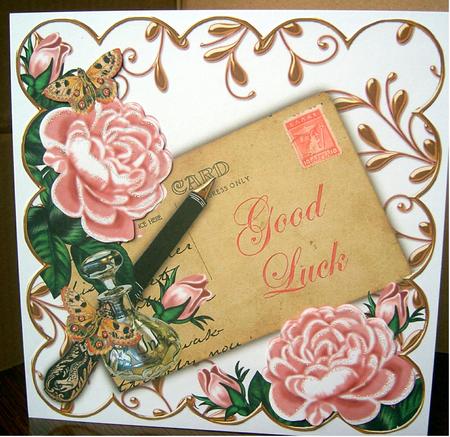 Pink Roses Good Luck Ink Saver 8in Decoupage Topper by paula taylor