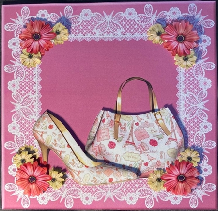 Pink Paris handbag and shoe card front by pauline inglis