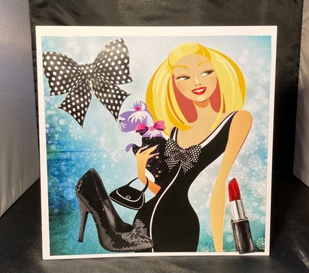 Pretty Artwork lady with puppy in black with bow 8x8 by pauline inglis