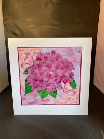 pretty pink hydrangeas with butterflies 7x7 topper by pauline inglis