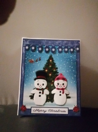 Christmas greeting card with couple snowman and Santa by pauline inglis