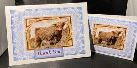 Blue butterfly frame highland cow card front by pauline inglis