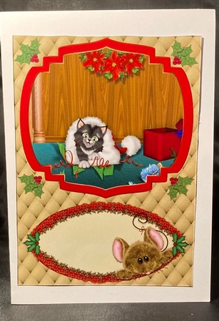 2 Christmas cat and mouse card fronts by pauline inglis